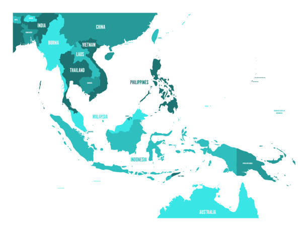 ilustrações, clipart, desenhos animados e ícones de mapa do sudeste da ásia. vetor mapa em tons de azul turquesa - sudeste asiático