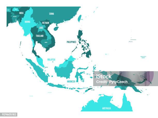 Map Of Southeast Asia Vector Map In Shades Of Turquoise Blue Stock Illustration - Download Image Now