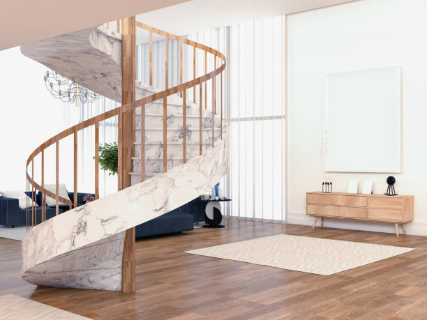 リビング ルームで優雅な螺旋階段 - stone contemporary house luxury ストックフォトと画像