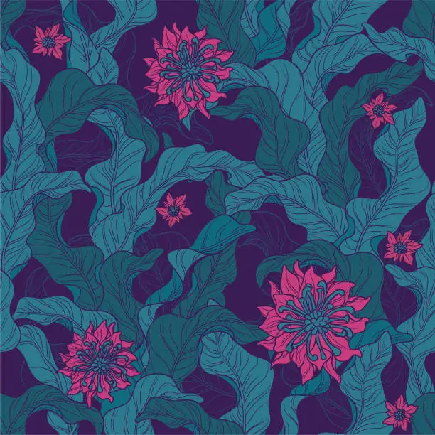 Vector illustration of seamless floral motif wallpaper pattern in green & magenta