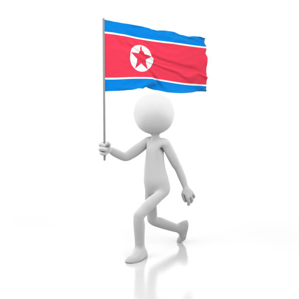 Small Person Walking with North Korea Flag in a Hand. 3D Rendering Image