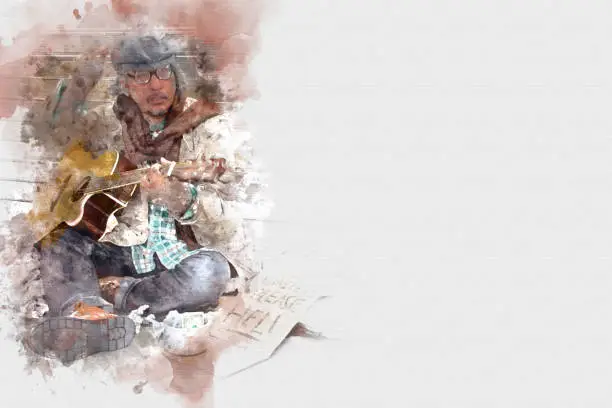 Photo of Abstract beautiful homeless man playing Guitar in the foreground on Watercolor painting background and Digital illustration brush to art.