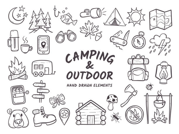 ilustrações de stock, clip art, desenhos animados e ícones de camping and outdoor adventures hand drawn elements - sign camera travel hiking