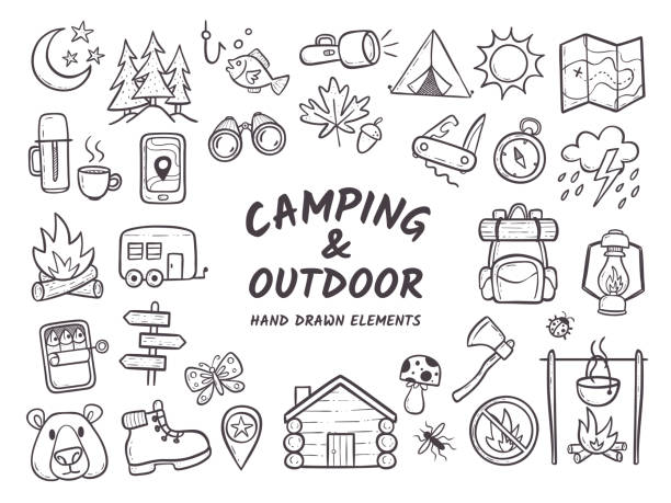 Camping and outdoor adventures hand drawn elements Hand drawn camping and hiking elements, isolated on white background. Cute background full of icons perfect for summer camp flyers and posters. Outlined vector illustration. hiking drawings stock illustrations