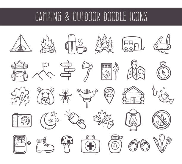 ilustrações de stock, clip art, desenhos animados e ícones de camping and outdoor recreation doodle icons - sign camera travel hiking