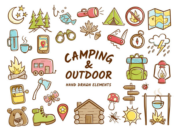 손으로 그린 캠핑 및 야외 레크리에이션 요소 - camping stock illustrations