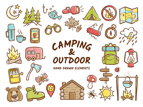 Hand drawn camping and outdoor recreation elements, isolated on white background. Cute background full of icons perfect for summer camp flyers and posters. Vector illustration.