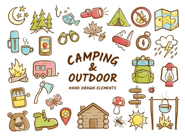 Vector illustration of Hand drawn camping and outdoor recreation elements