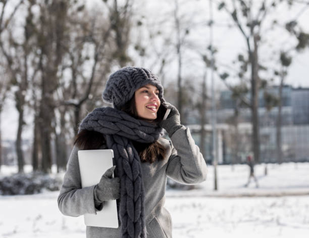 Business call that made me happy this winter stock photo