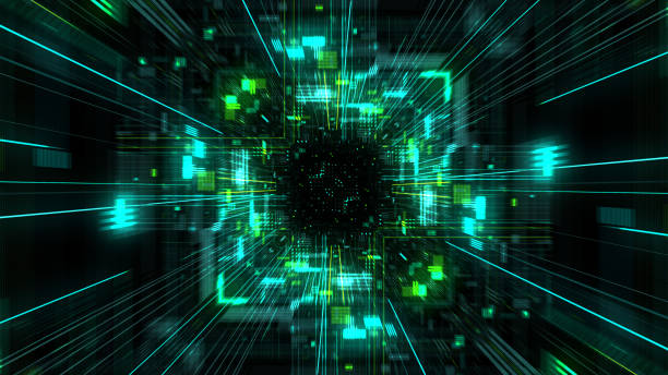 istock Abstract futuristic sci fi warp tunnel with particle grid. 929616412