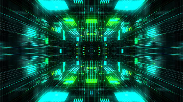 istock Abstract futuristic sci fi warp tunnel with particle grid. 929616516