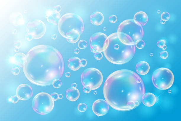 пузыри мыла на синем фоне. - soap sud bubble mid air circle stock illustrations