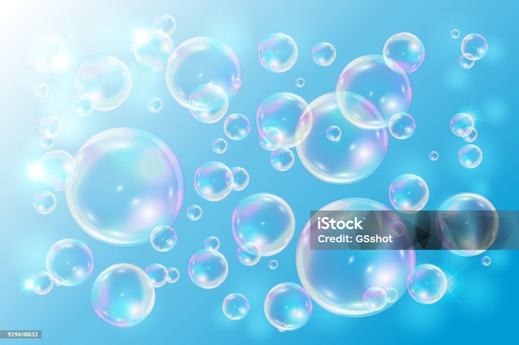 Bubbles soap on blue background. Bubbles soap on blue background. Bubbles with rainbow reflection. Bubble stock vector