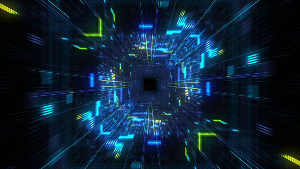 istock Abstract futuristic sci fi warp tunnel with particle grid. 929618870