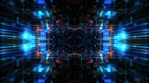 istock Abstract futuristic sci fi warp tunnel with particle grid. 929618942