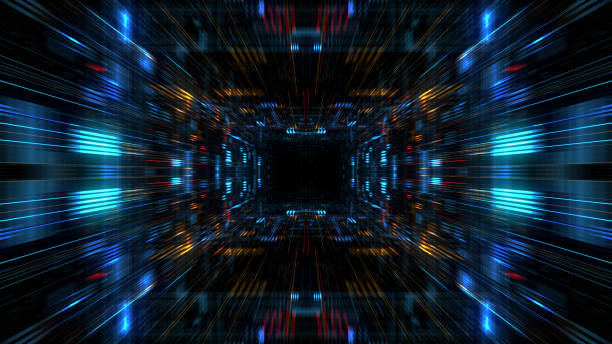 istock Abstract futuristic sci fi warp tunnel with particle grid. 929619040