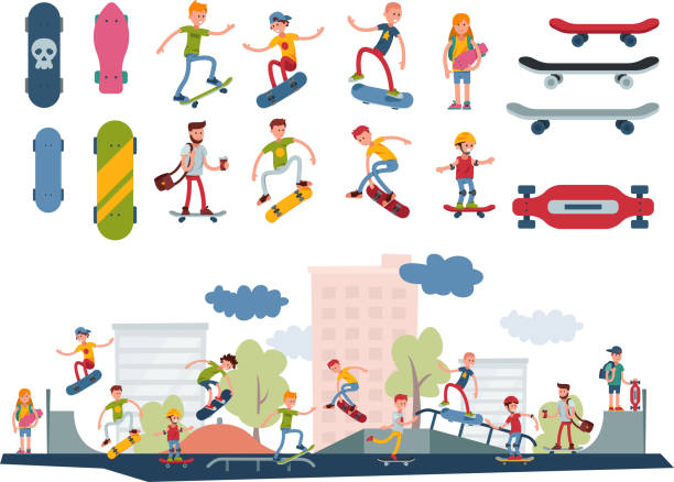 ilustrações, clipart, desenhos animados e ícones de skatista pessoas ativas parque esporte extremo exterior ativo skate urbano pulando truques ilustração vetorial - skateboarding skateboard park teenager extreme sports