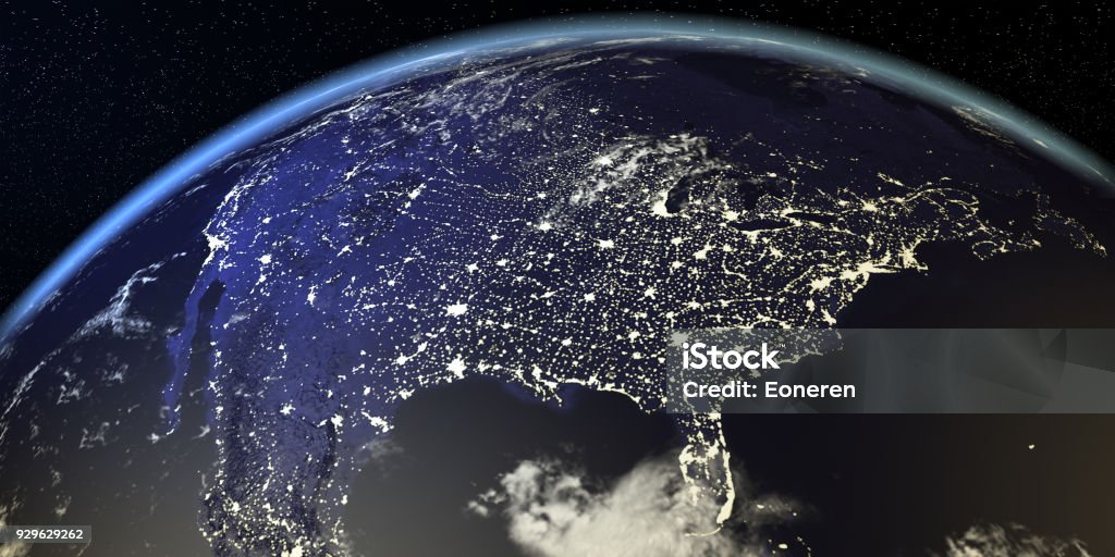 USA View From Earth At Night With City Lights USA View From Earth At Night With City Lights. All the world map textures are originally from NASA. ( 3d render ) USA Stock Photo