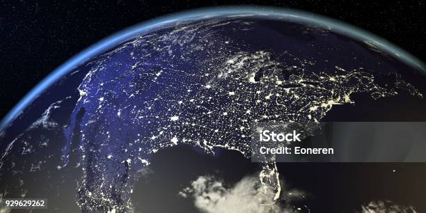 Usa View From Earth At Night With City Lights Stock Photo - Download Image Now - USA, Globe - Navigational Equipment, Map