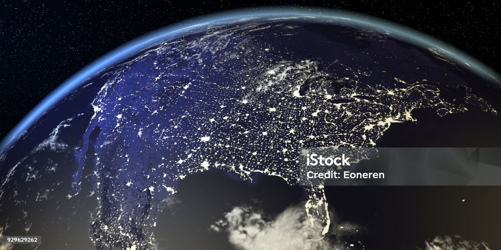 Estados Unidos vista da terra à noite com as luzes da cidade - Foto de stock de EUA royalty-free