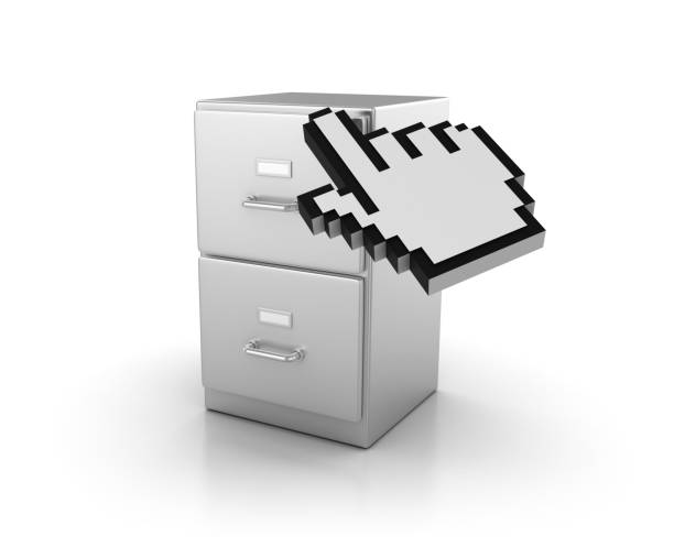 archivos con el cursor de la computadora - render 3d - filing cabinet archives computer mouse file fotografías e imágenes de stock