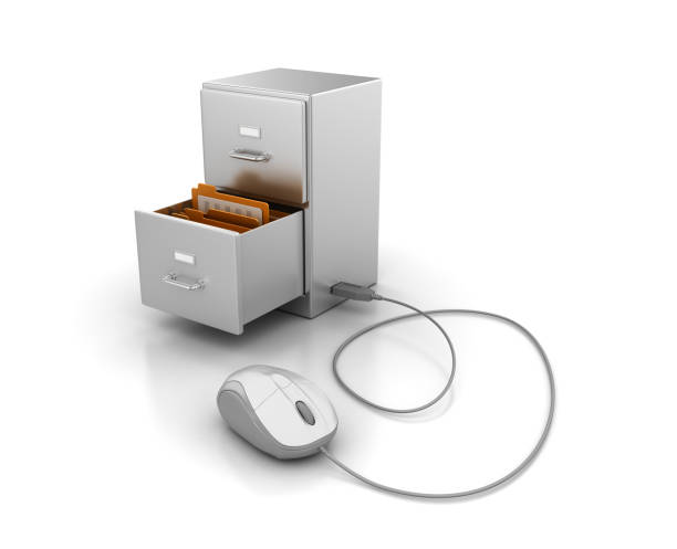 archivos con el ratón de la computadora - render 3d - filing cabinet archives computer mouse file fotografías e imágenes de stock