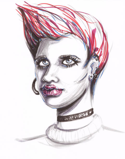 illustrations, cliparts, dessins animés et icônes de portrait de femme dessiné main, illustration de mode, dessin au crayon artistique - hairstyle human hair human lips make up