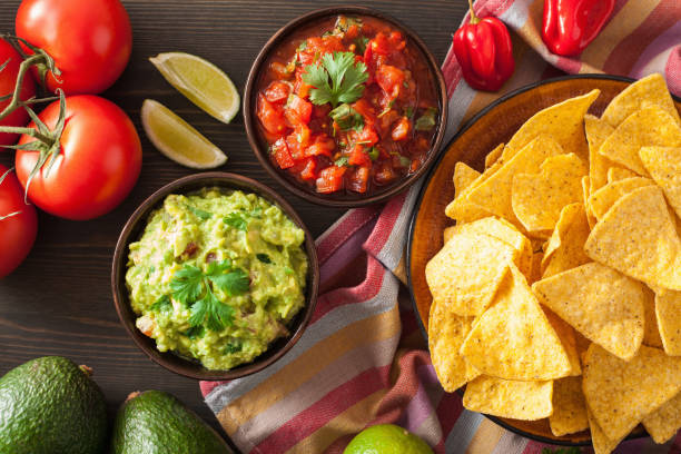 mexican guacamole and salsa dip, nachos tortilla chips