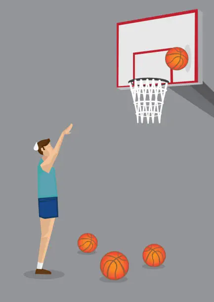 Vector illustration of Hardworking male basketball player feeling bummed about missed shot during training session. Conceptual vector cartoon illustration isolated on grey background.