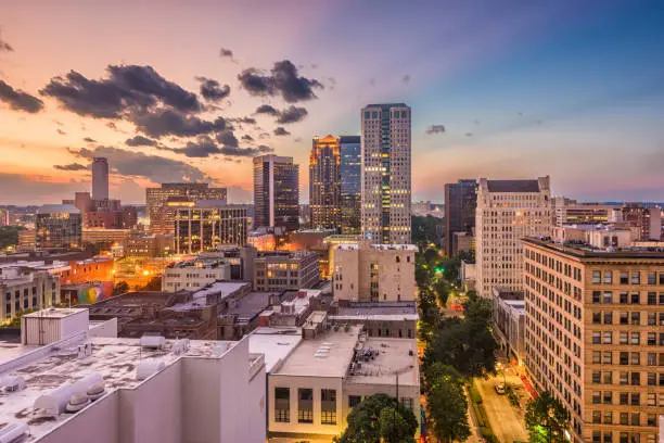 Birmingham, Alabama, USA downtown cityscape at dusk.