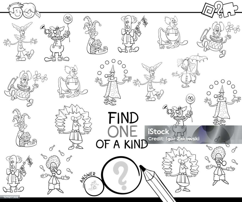 one of a kind game with clowns coloring book Black and White Cartoon Illustration of Find One of a Kind Picture Educational Activity Game for Children with Clown Characters Coloring Book Circus stock vector