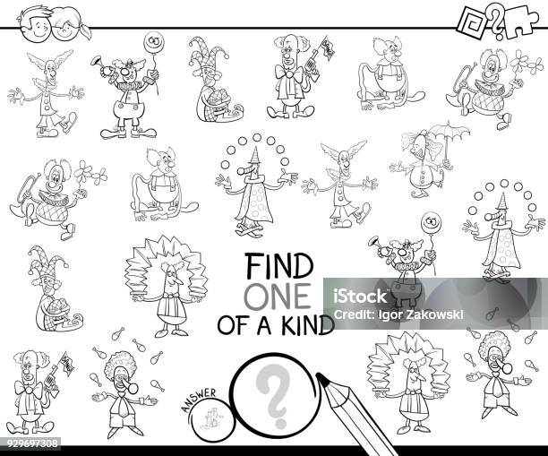 One Of A Kind Game With Clowns Coloring Book Stock Illustration - Download Image Now - Circus, Coloring Book Page - Illlustration Technique, Puzzle