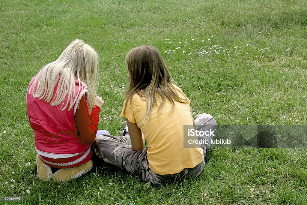 Best friends - two girls  picking daisies from the lawn  Girls Stock Photo