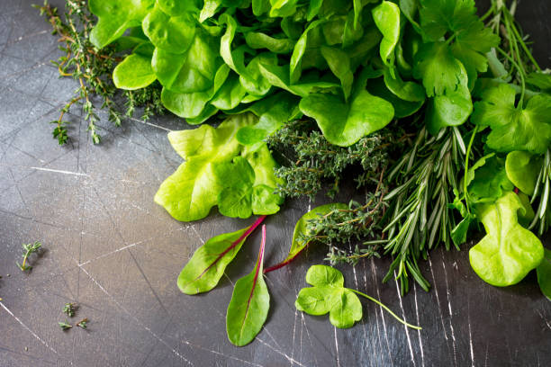 istock Food background. Various summer fresh herbs on a dark stone background. Diet, concept of vegetarian food. Copy space. 929708140