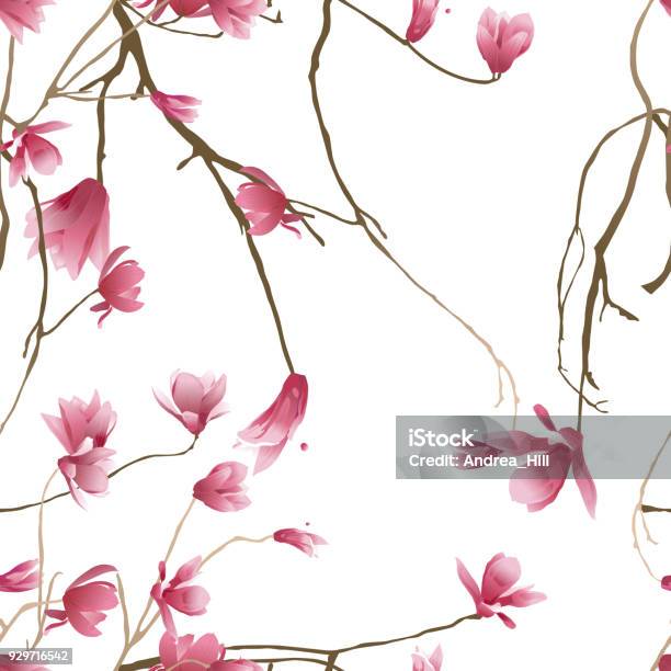 Vector Seamless Pattern Of Magnolia Flowers Stock Illustration - Download Image Now - Magnolia, Twig, White Background