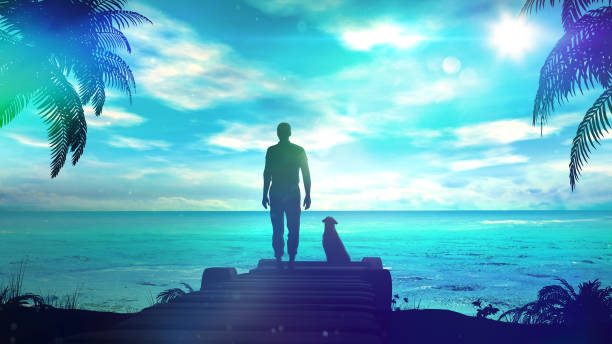 istock A lonely man with dog is looking at the green ocean 929719816