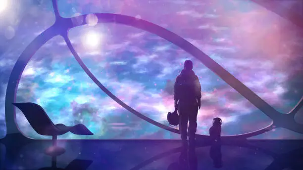 Silhouette of a man and his pet standing in front of a panaramnoy window of a spaceship. Beautiful colors of the universe float on the background.