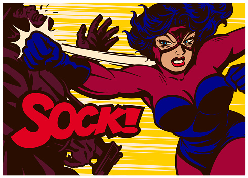Pop art comics style super heroine fighting and punching supervillain vector illustration