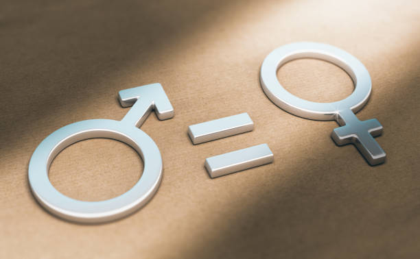 Women Rights, Sexual or Gender Equality 3d illustration of male and female symbols with equal sign over paper background. Concept of women rights and gender equality. gender equality stock pictures, royalty-free photos & images