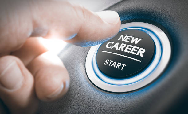 Career opportunities, Recruitment or Staffing Concept Finger pressing a new career start button. Concept of occupational or professional retraining or job opportunities. Composite between a hand photography and a 3D background job retraining stock pictures, royalty-free photos & images