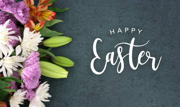 Happy Easter calligraphy over blackboard background with colorful flower blossom bouquet Spring season still life with Happy Easter calligraphy holiday script over dark blackboard background texture with beautiful colorful white, pink, orange, purple and green flower blossom bouquet on side, widescreen calligraphy photos stock pictures, royalty-free photos & images