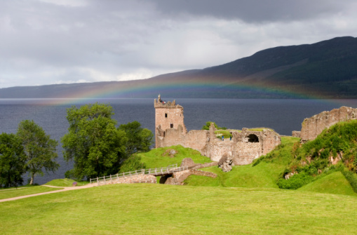 Urquhart castle, United Kingdom-June, 2020: View at Urquhart castle by loch ness in Scottish highlands