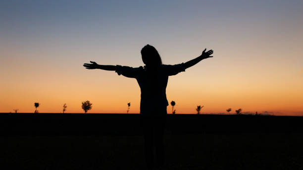 istock Sunset behind the free girl silhouette 929743788