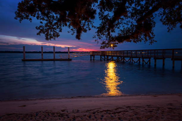 luz de muelle se refleja en el agua - saint johns river fotografías e imágenes de stock