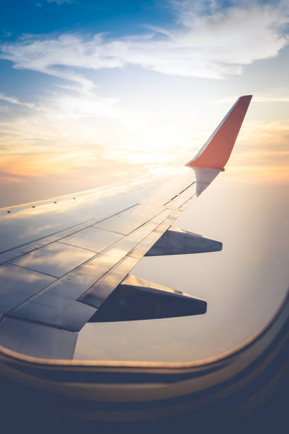 View of wing from window of an airplane