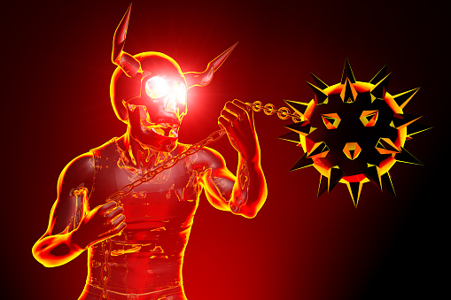 Horrible devil and chain mace illustration. Horn headed fire eye fighter.