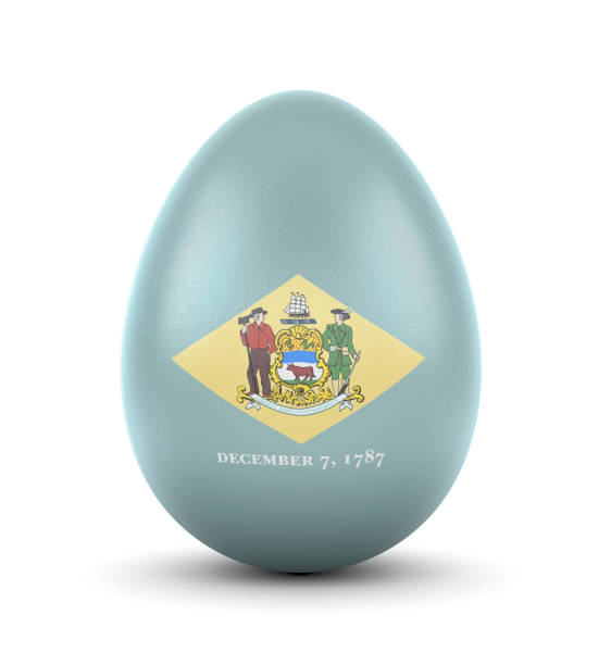 The flag of Delaware on a very realistic rendered egg.(series) High quality realistic rendering of an glossy egg with the flag of Delaware.(series) delaware chicken stock pictures, royalty-free photos & images