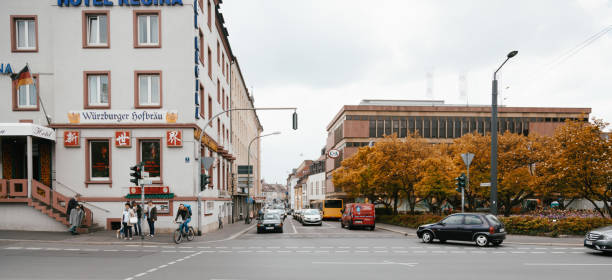 Wuerzburg, Germany - April 29, 2017: Traffic of cars and pedestrian people  along the Bahnhofstrasse in Würzburg Deutschland