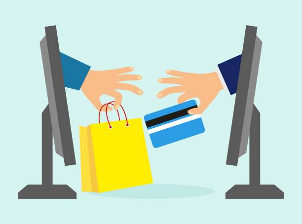 concept of online shopping concept of online shopping. concept of e-commerce ideas. hand with a bank card from the computer monitor. Hand with a bag of computer monitor 2655 stock illustrations