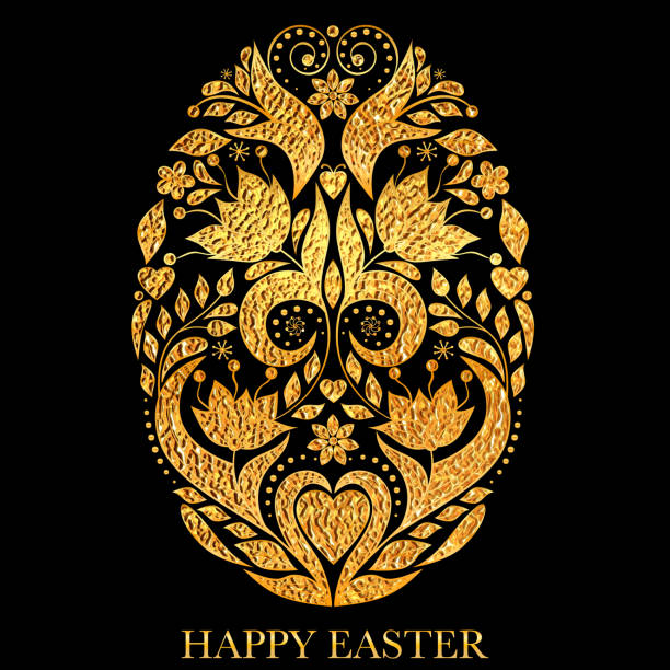 illustrazioni stock, clip art, cartoni animati e icone di tendenza di uovo di pasqua floreale - easter leaf black shiny